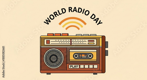 Vintage boombox with cassette tape on world radio day symbolizing music and communication
