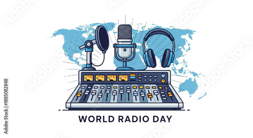 World radio day illustration with mixing console microphones and headphones on a global map background