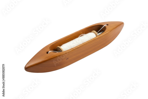 Wooden Weaving Shuttle with White Thread on Spool, Textile Craft Tool