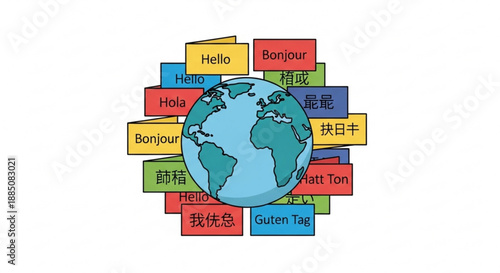Global greetings colorful speech bubbles surrounding earth with hello in multiple languages on white background
