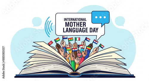 Diverse group of people emerging from open book with international mother language day text and speech bubble celebrating cultural heritage and linguistic diversity