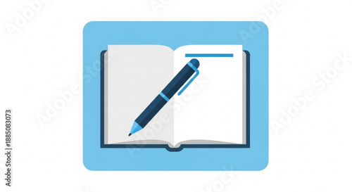 Open book with pen on white pages blue background writing and reading concept stationary and education symbol simple flat design