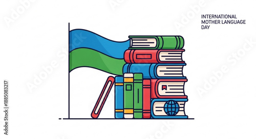 Colorful stack of books and waving flag symbolizing international mother language day with educational theme and vibrant colors