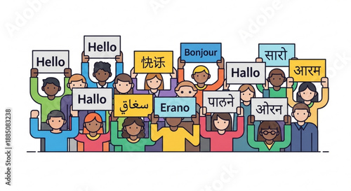 Diverse group of people holding signs with various greetings in different languages colorful cartoon illustration vibrant background multicultural community diverse cultures