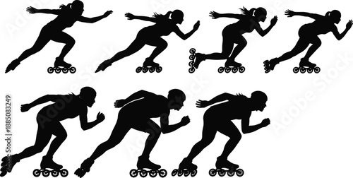 Inline skating athlete silhouette sequence isolated on white background showing speed motion fitness roller skating sport action illustration