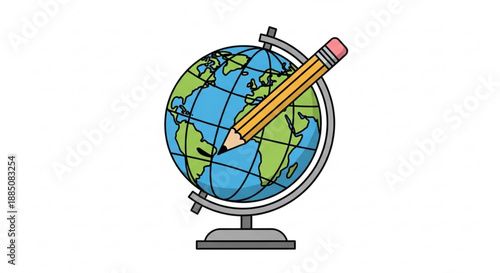 Globe with pencil illustration symbolizing global education and creativity on a simple white background