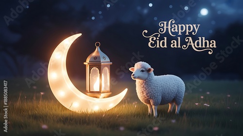 Whimsical sheep, crescent moon, luminous lantern, Happy Eid al Adha message
