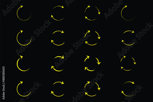 Grunge refresh, rotate, circular arrow icon set. This collection features multiple grunge textured refresh, reload and rotate arrow icons designed with brush strokes and rough hand drawn details.