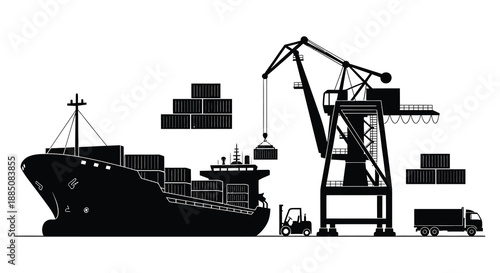 a detailed depiction of a harbor scene featuring a cargo ship crane containers and transport vehicles presented as a silhouette