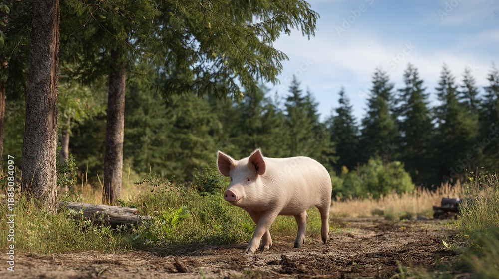 Fototapeta premium Young pink pig walks along a dirt path surrounded by tall pine trees and lush green undergrowth under a blue sky