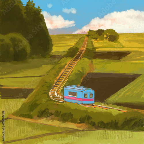 Blue Local Train on Railway Track through Rural Green Fields