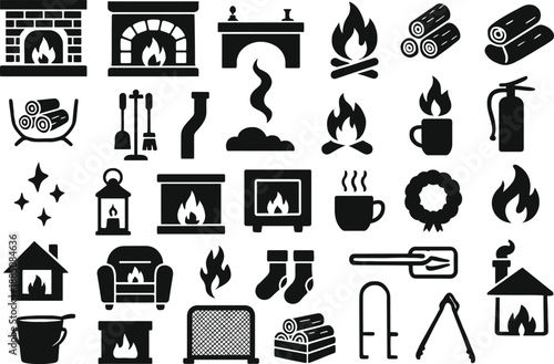 30 Fireplace Solid Black Silhouette Icons Set on White Background