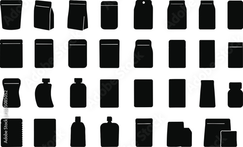 A solid black silhouette EPS vector illustration set featuring 30 different pouch and packaging icons, arranged on a clean white background.