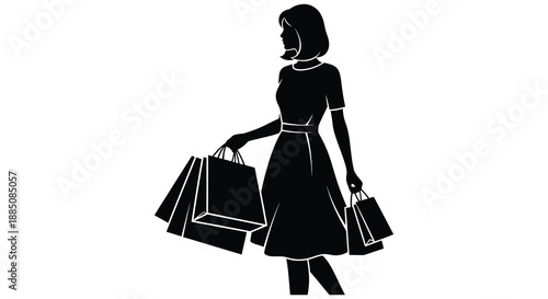 a stylish woman gracefully carries multiple shopping bags in a striking black and white composition presenting a classic silhouette high quality