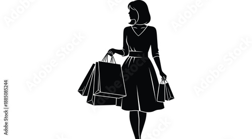 a stylish woman carrying shopping bags is depicted in a striking black and white contrast presenting a classic silhouette high quality