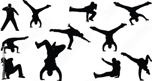 Dynamic silhouettes of breakdancers performing acrobatic hip hop moves and freestyle street dance poses, showcasing energy, athletic movement, and urban choreography in black on white background.