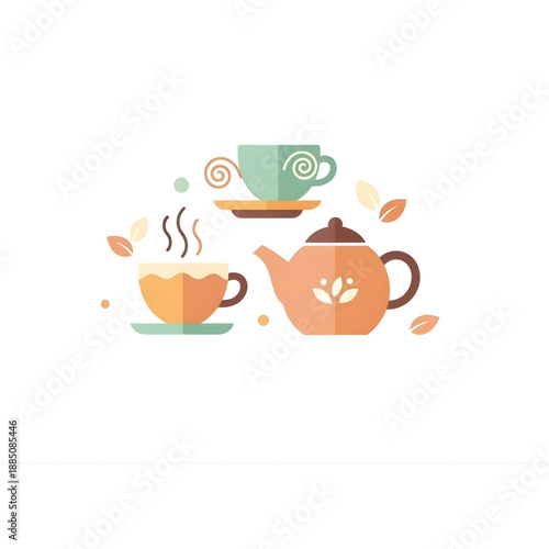 Charming illustration of a warm beverage setup featuring a teapot, two teacups, and gentle autumn leaves for a comforting experience