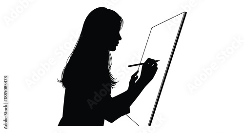 A striking portrayal of a woman artist engrossed in drawing with a focused expression and elegant posture presented as a silhouette