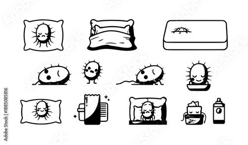 Sleep and bedroom cartoon dust mites icons vector set for web design