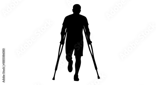 Man walking with crutches silhouette on white background disability and rehabilitation concept