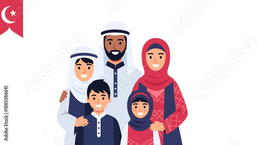 Illustration of Muslim Family in Traditional Clothing.