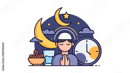 Man Meditating with Headphones and Alarm Clock.