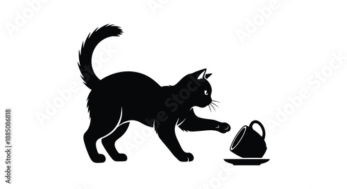a playful black cat curiously investigates a small teacup and saucer creating a charming and whimsical scene silhouette high quality professional