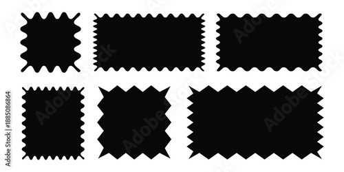Black Jagged and Wavy Edge Rectangle Shapes Set, Minimalist Decorative Sticker Frames and Textile Swatch Silhouettes for Design