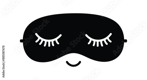 a minimalistic depiction of a black sleep mask with closed eyes and a slight smile presented as a striking silhouette