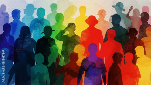 Diverse Group of People Silhouettes in Rainbow Colors.