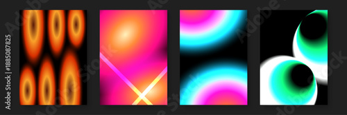 Artistic cosmic nebula style posters with glowing circular light shapes and vibrant pink cyan gradients