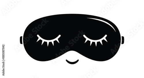 A simple black sleep mask with detailed eyelash cutouts and a gentle smile presented as a striking silhouette high quality professional