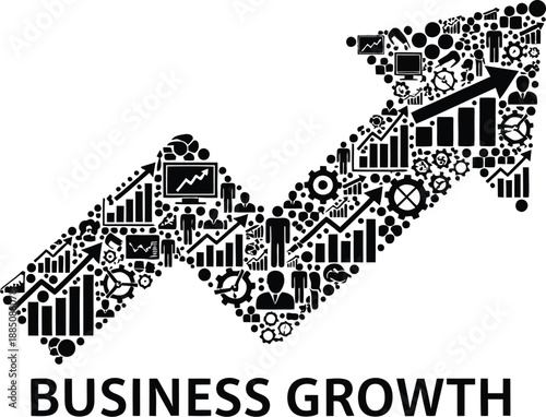 Black and white graphic illustration symbolizing upward trajectory and consistent improvement in business growth achieved through complex organizational elements and successful strategies.