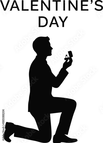 Silhouette of a man in a suit kneeling to propose marriage with a ring box on valentine's day symbolizing commitment and romance