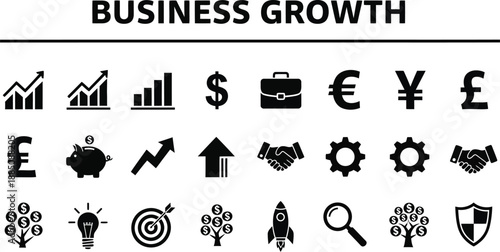 Collection of solid black icons representing key concepts for business growth finance investment strategy development goals achievements and global commerce symbols for presentations and infographics