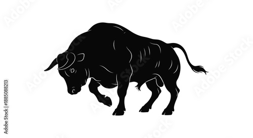 A striking black bull depicted in a dynamic pose head lowered ready to charge presented as a bold silhouette high quality