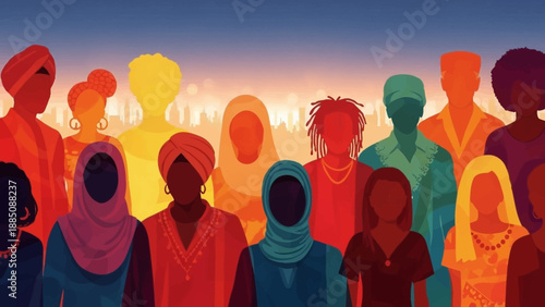 Diverse Group of People Silhouettes Against a Colorful Sky.