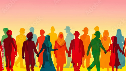 Diverse Group of People Holding Hands Silhouette.