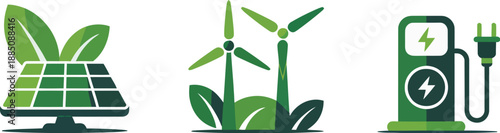 Solar Panel Wind Turbine Electric Car Charger Icons Set