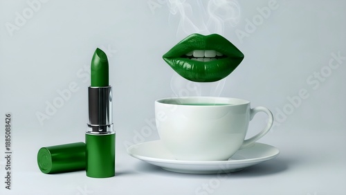 Luxury Beauty Meets Coffee: Glossy green Lips Floating Above Espresso with Premium Lipstick on grey Studio Background