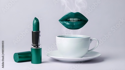 Luxury Beauty Meets Coffee: Glossy green Lips Floating Above Espresso with Premium Lipstick on grey Studio Background