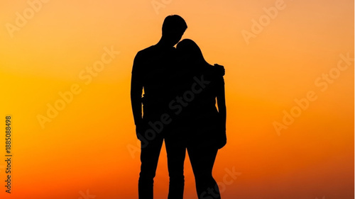 Couple Silhouette Sunset Embrace Warm Sky.