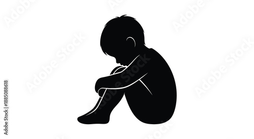 a somber depiction of a child in a seated crouching position head bowed conveying feelings of sadness and vulnerability silhouette