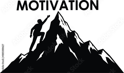 Silhouette of a determined climber reaching for the summit of a large black mountain peak illustrating the strong concept of motivation and perseverance in all endeavors.