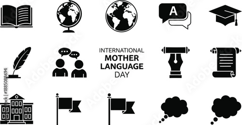 Collection of black silhouette icons representing various aspects of language learning communication cultural heritage education and global diversity for international mother language day celebration