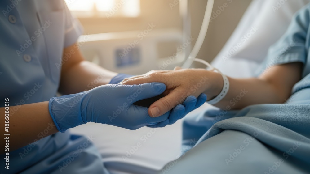 Obraz premium Caring Nurse Holding Patient's Hand Offering Support and Empathy During Hospital Stay, Providing Medical Assistance