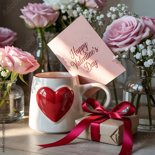 Valentine's day gift with heart mug and flowers