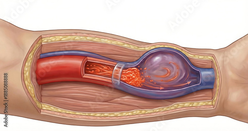 Arteriovenous Fistula (AVF) Anatomy: Surgical Anastomosis showing Arterial Blood Turbulently Expanding the Cephalic Vein