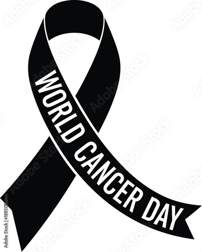 Black awareness ribbon prominently displayed featuring white text marking the important global observance of world cancer day for awareness and support initiatives