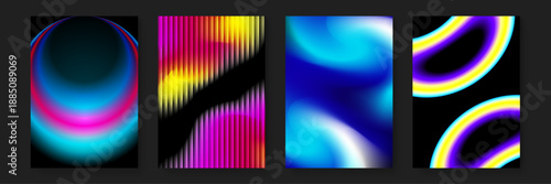 Stylish poster designs featuring circular gradient compositions and rhythmic vertical line textures in neon pink and blue